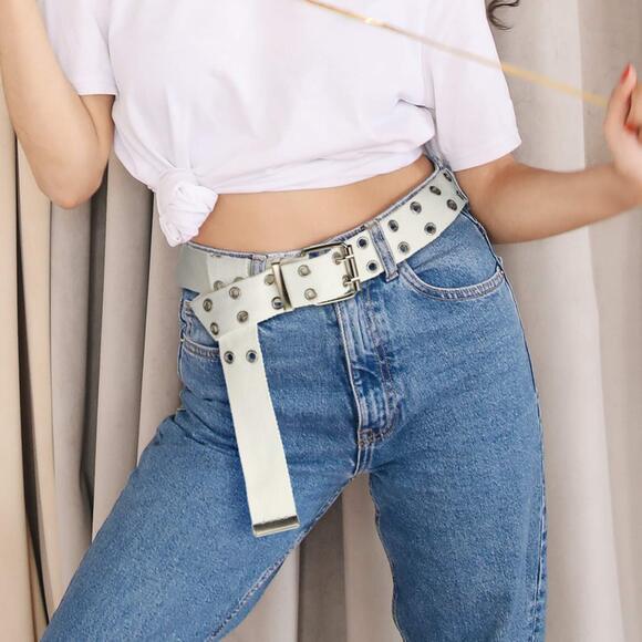 2 Pieces Double Grommet Canvas Belts Two-hole Jeans Vintage Buckle Punk 3556 - Picture 7 of 7